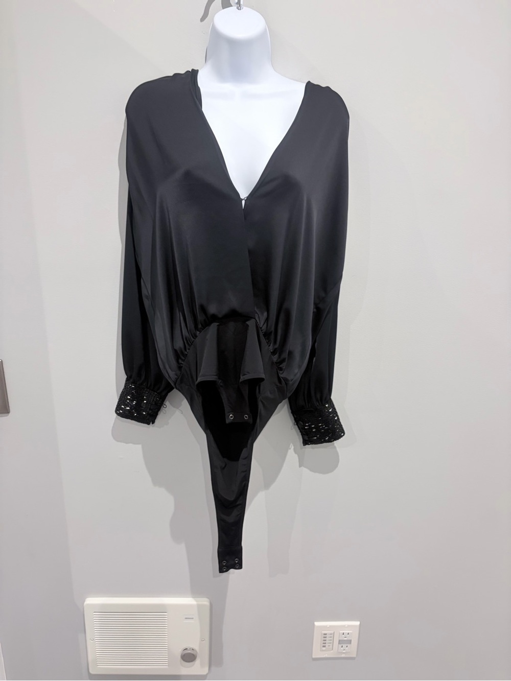 Ramy Brook Black Satin V-Neck Bodysuit Blouse